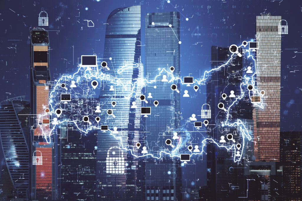 Global digital network over city skyline illustrating cybersecurity risk and enterprise data connections