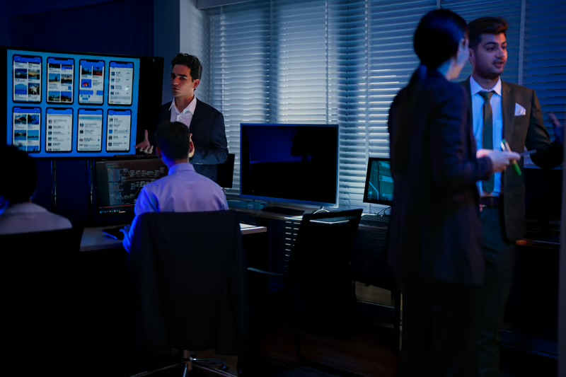 Executive leadership team collaborating with cybersecurity professionals in a security operations center to strengthen AI cybersecurity strategy and enterprise cyber resilience.