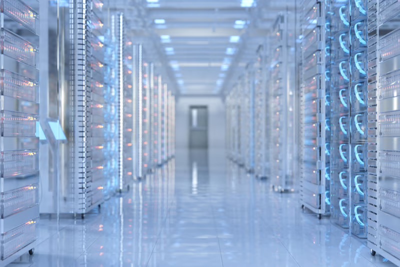 Modern enterprise data center with server racks supporting cloud infrastructure, AI readiness, and enterprise infrastructure modernization.